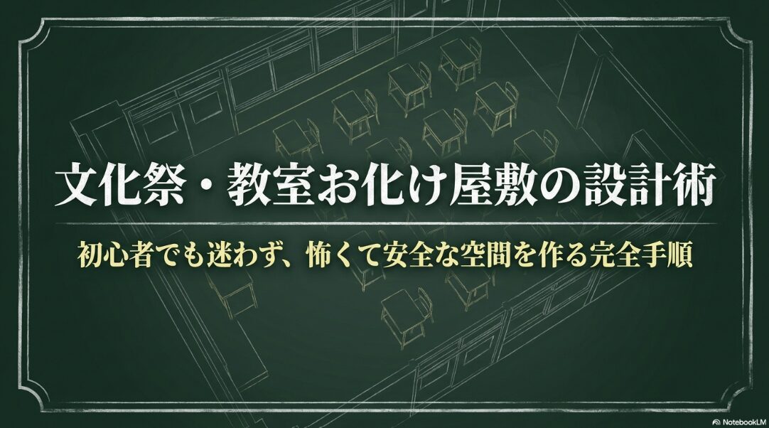 文化祭の教室お化け屋敷について、初心者でも迷わず怖くて安全な空間を作る手順を示した表紙スライド
