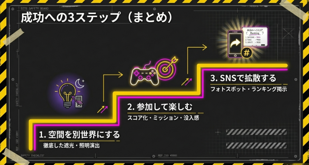 空間の別世界化、参加・没入感、SNS拡散の3つの重要ポイントをまとめた最終チェック