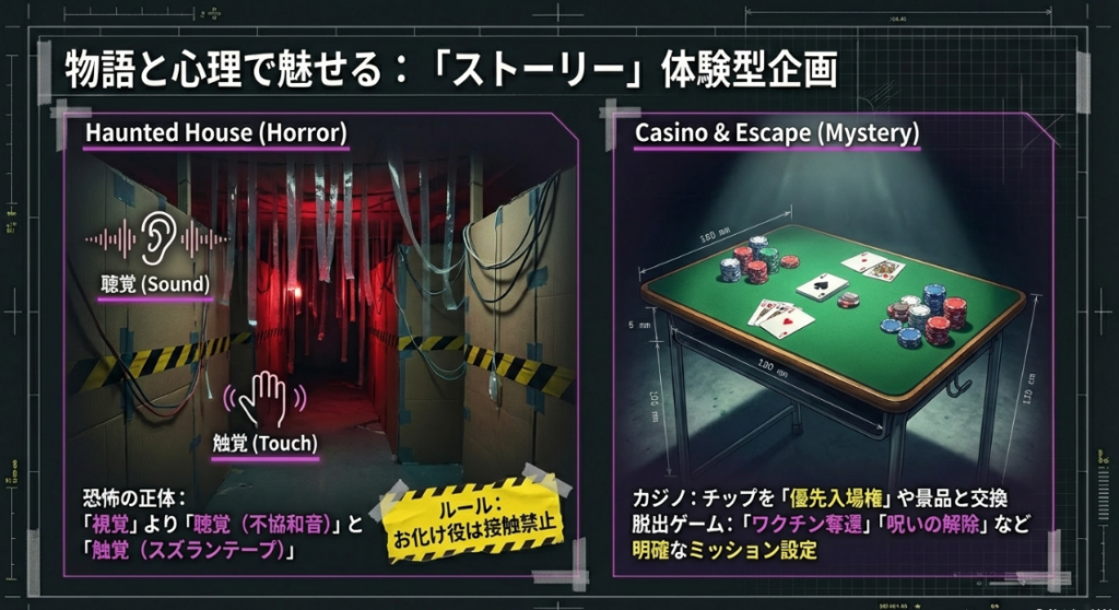 床の基礎養生、消防法に基づいた動線確保、監視体制、ペンライト常備などの安全対策チェックリスト