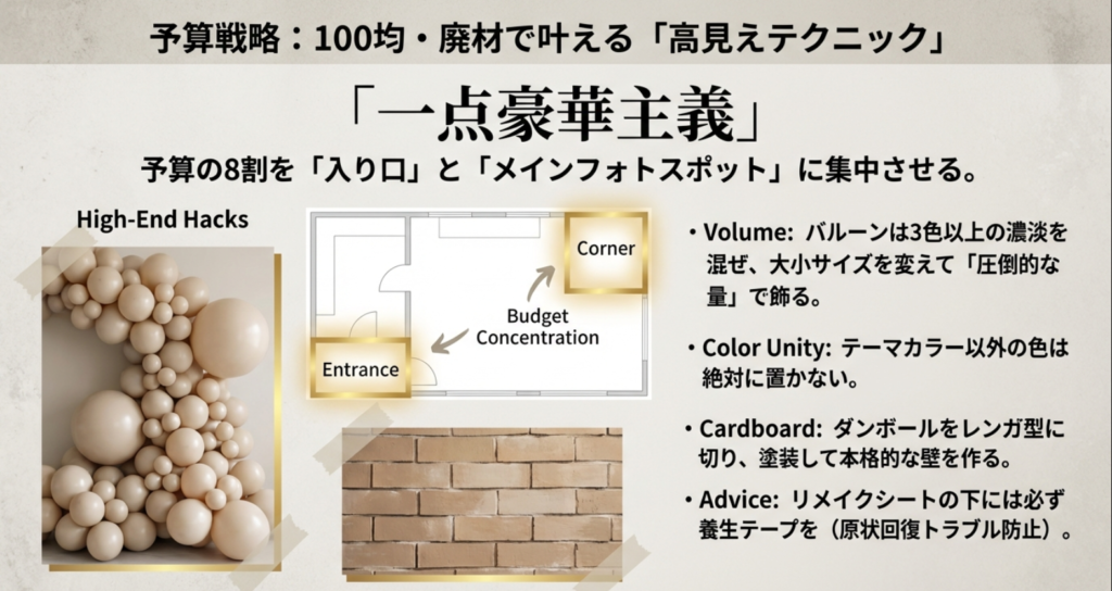 教室の入り口とメインスポットに予算を集中させる配置図と、100均バルーンを高見えさせるコツのスライド
