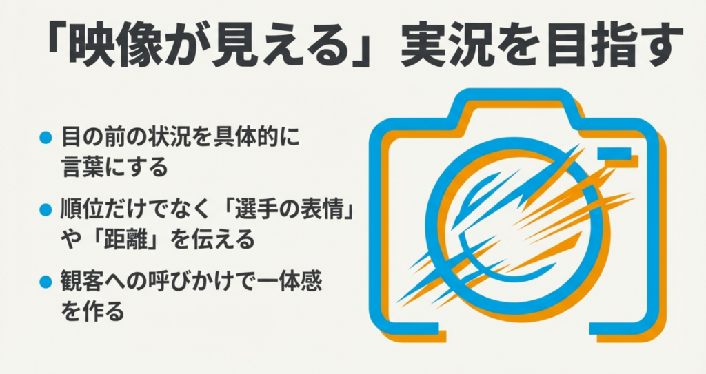 状況を具体的に言葉にし、選手の表情や距離を伝えることで、聴き手に映像を想起させる実況テクニックのスライド。カメラのイラスト。