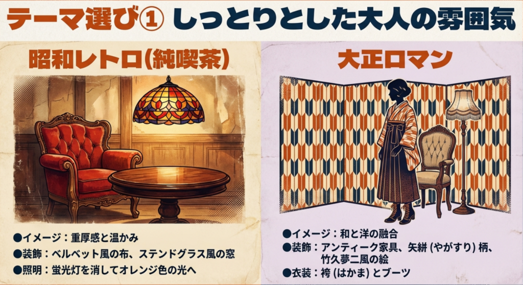 昭和レトロ（純喫茶）と大正ロマンのイメージ、装飾、衣装のポイントをまとめたスライド
