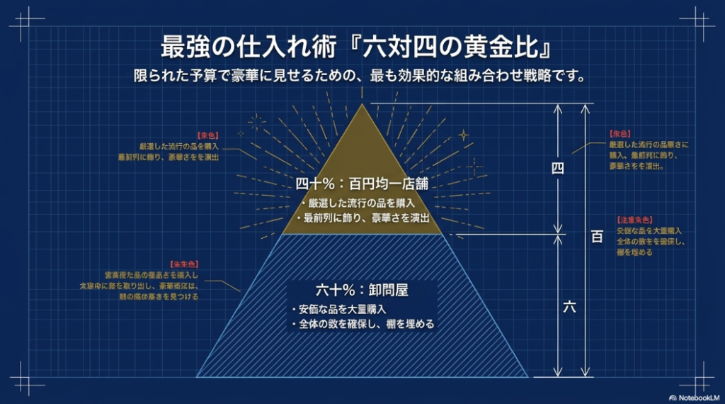 卸問屋で60%、百円均一店舗で40%の予算を使う黄金比のピラミッド図