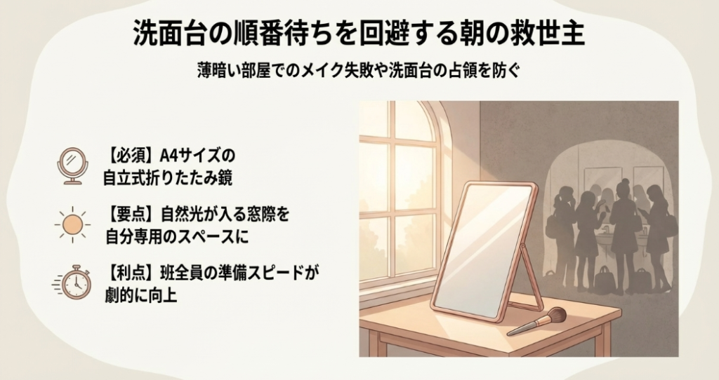 窓際の机に置かれた自立式の鏡とメイクブラシのイラスト