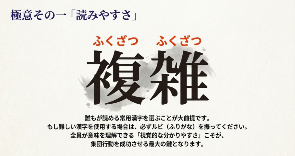スローガン選びの極意その一「読みやすさ」。複雑な漢字にはルビを振る配慮を解説