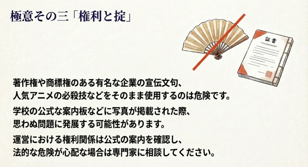 スローガン選びの極意その三「権利と掟」。アニメや企業のキャッチコピーをそのまま使う著作権リスクを解説