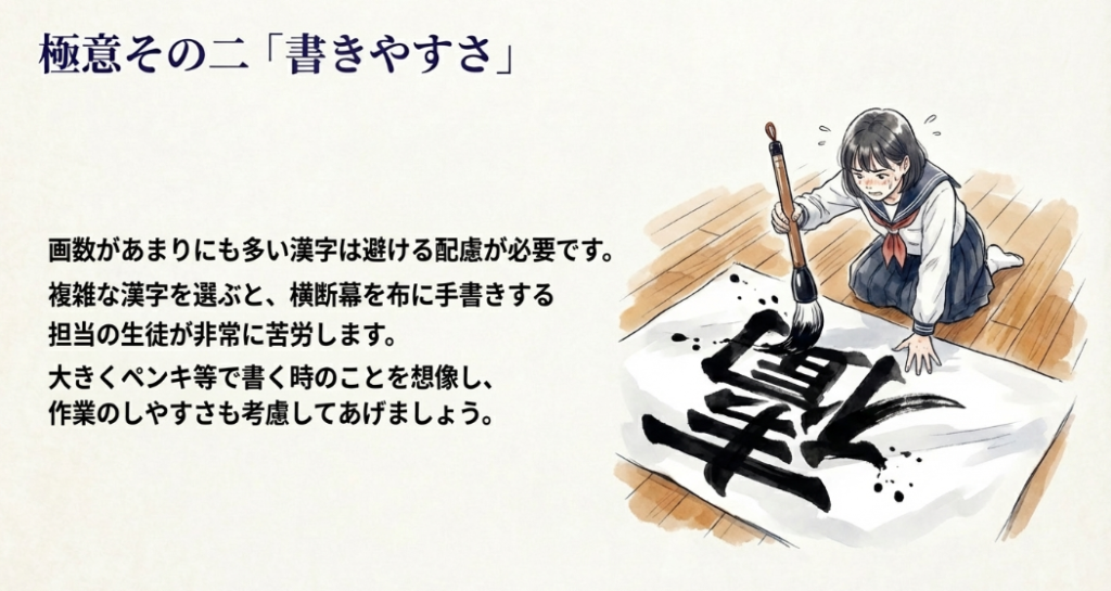 大きな筆で布に画数の多い漢字を手書きして苦労している生徒のイラスト
