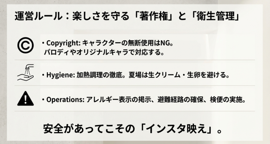 文化祭出し物でのキャラクター使用に関する注意点と、食中毒を防ぐための衛生管理チェックリストのスライド
