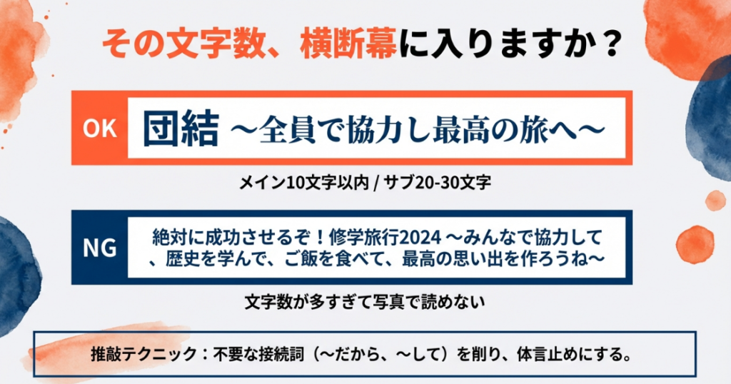 修学旅行の横断幕やしおりに適したスローガンの文字数。メインは10文字以内、サブは20〜30文字程度を推奨