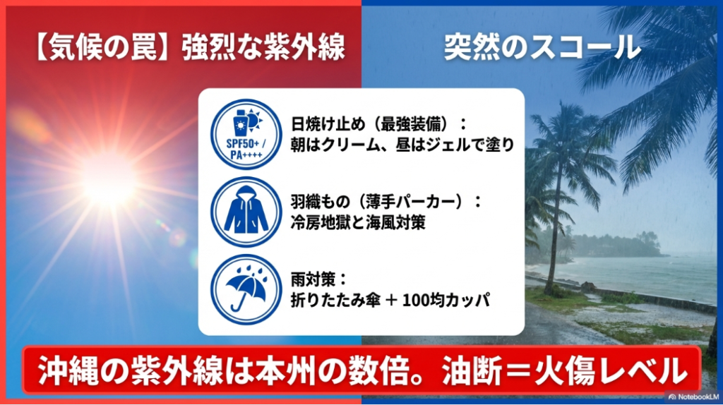 気候の罠。強烈な紫外線対策の日焼け止め、冷房対策の羽織もの（薄手パーカー）、雨対策の折りたたみ傘