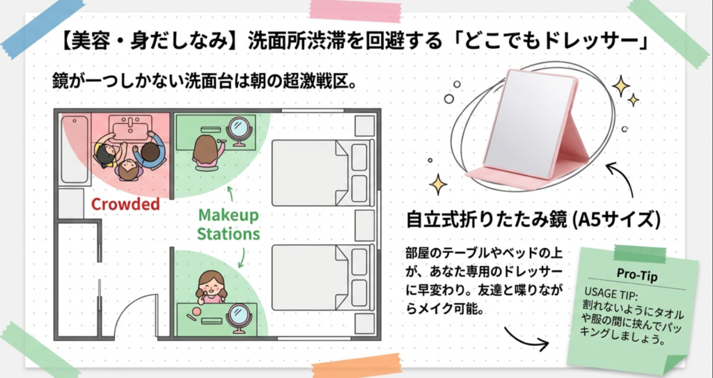 部屋をドレッサーに変えるA5サイズの自立式折りたたみ鏡。洗面所の混雑を避けてメイクができるメリットを図解。