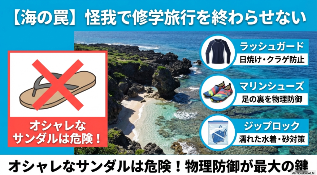 海の罠。オシャレなサンダルは危険！怪我や日焼けを防ぐラッシュガードとマリンシューズが必須