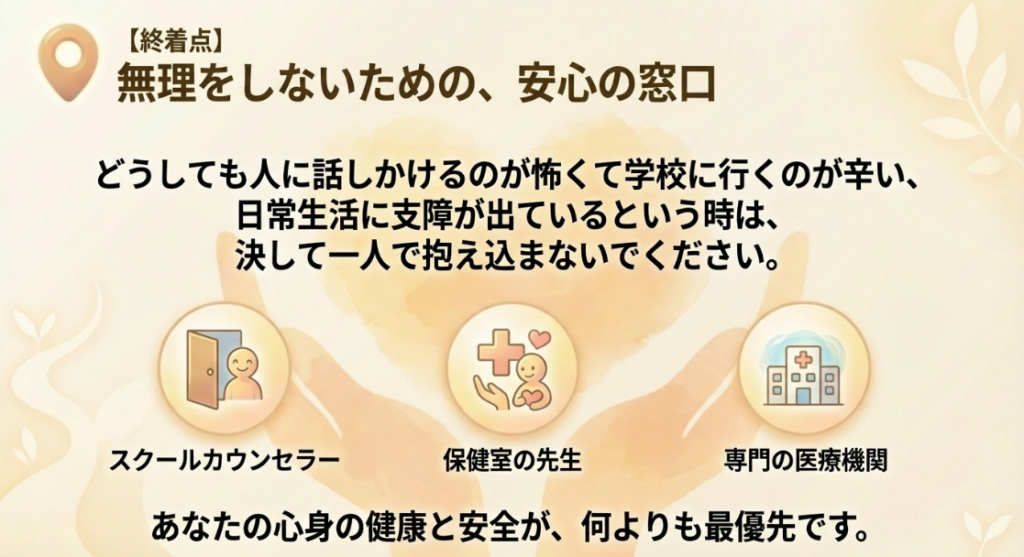 スクールカウンセラーや保健室など、対人関係で悩んだ際の相談窓口の案内