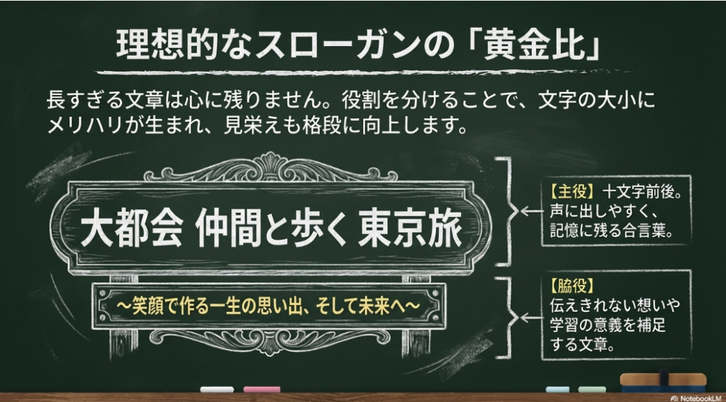 理想的なスローガンの黄金比（主役は10文字前後、脇役で補足）