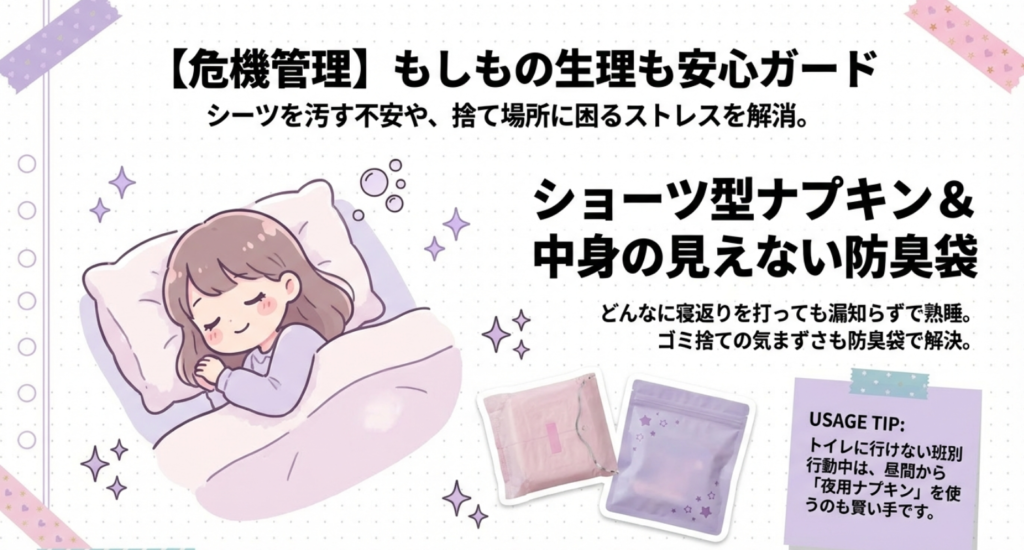 夜の漏れを防ぐショーツ型ナプキンと、ゴミの処理に困らない防臭袋。日中に夜用ナプキンを使う賢い方法も解説。