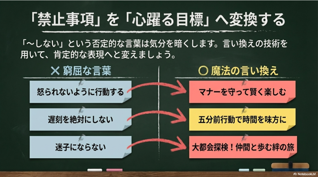 禁止事項などネガティブな言葉を心躍る前向きな目標へ変換する言い換えテクニック