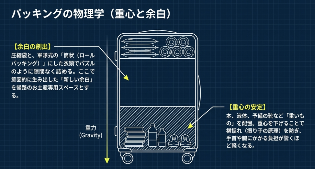 ロールパッキングによる余白の創出と、重いものを下部に配置して重心を安定させるパッキングの物理学的アプローチ