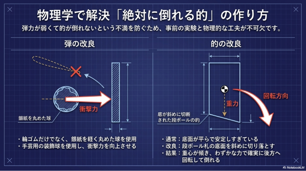 銀紙を丸めた球での衝撃力向上と、段ボールの的の底を斜めに切断して確実に倒す物理的な工夫