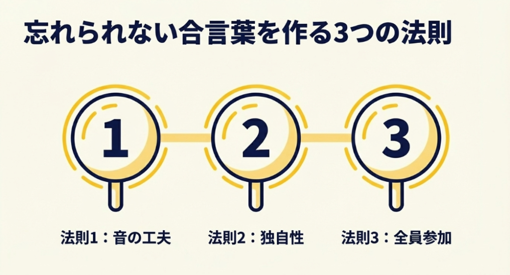 忘れられない合言葉を作る3つの法則。法則1：音の工夫、法則2：独自性、法則3：全員参加
