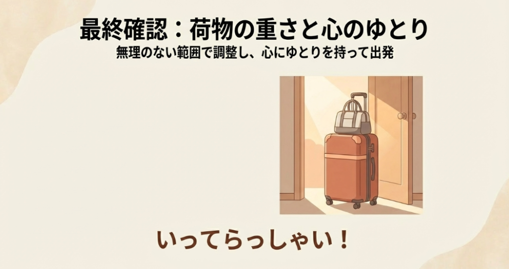 ドアの前に置かれた出発準備万端のスーツケースとボストンバッグのイラスト