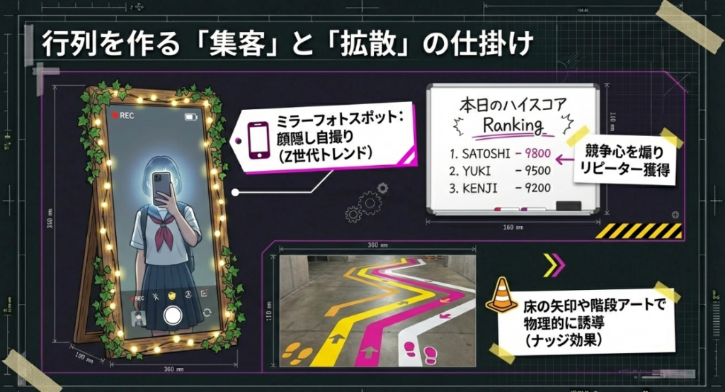 ミラーフォトスポット、ハイスコアランキング掲示、階段アートやナッジ効果による物理的な誘導方法の解説