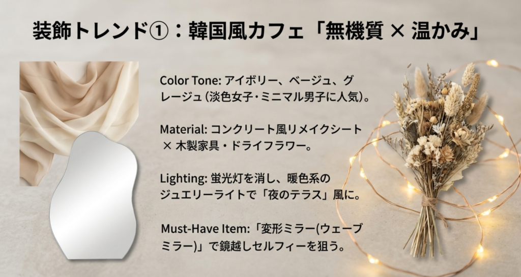 アイボリーやベージュを基調とした韓国風カフェ装飾のトレンドと、変形ミラー等の必須アイテムを紹介するスライド