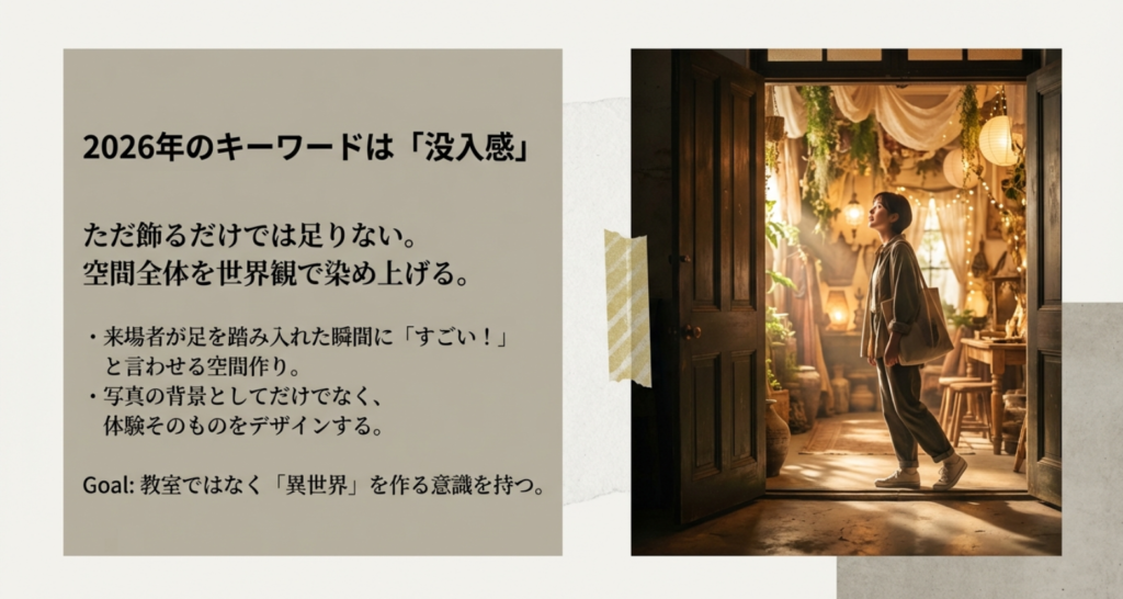 2026年の文化祭出し物における「没入感」と、教室を「異世界」にするコンセプトを説明したスライド