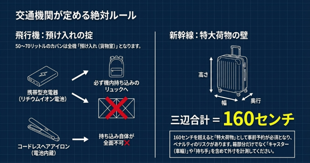 モバイルバッテリーやヘアアイロンの機内持ち込み制限と、三辺合計160cm基準の新幹線特大荷物ルールの解説