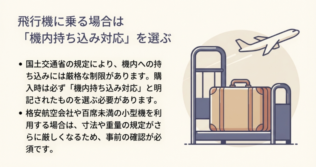飛行機に乗る場合は「機内持ち込み対応」を選ぶ。購入時は明記されたものを選ぶ必要があります