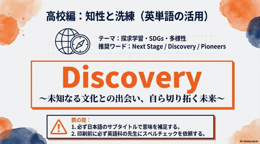 高校向けの修学旅行スローガン。探求学習やSDGsをテーマに、Next StageやDiscoveryなどの英単語を活用した例文