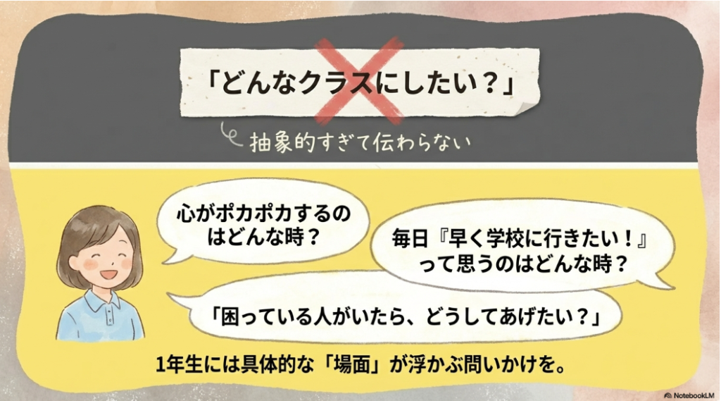 笑顔の女性教師が、心がポカポカするのはどんな時かなど、1年生に具体的な場面が浮かぶ問いかけをしているイラスト