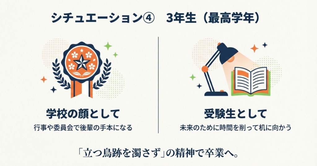 最高学年の決意を「学校の顔として（行事や委員会で後輩の手本）」と「受験生として（未来のため机に向かう）」の2軸で示す。立つ鳥跡を濁さずの精神にも触れる。