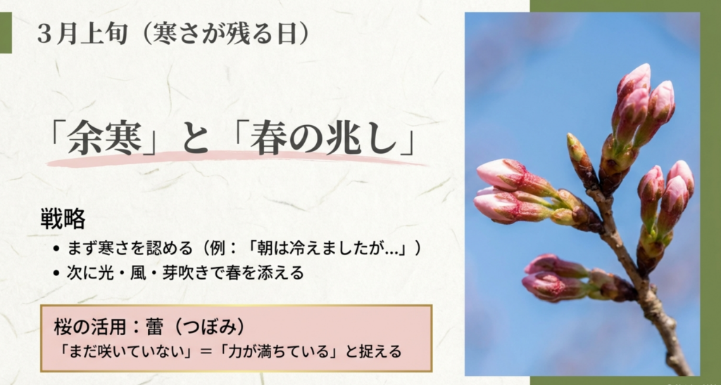 3月上旬はまず寒さを認め、次に光・風・芽吹きで春の兆しを添える。桜は蕾を「力が満ちている」と捉える、という方針のスライド。