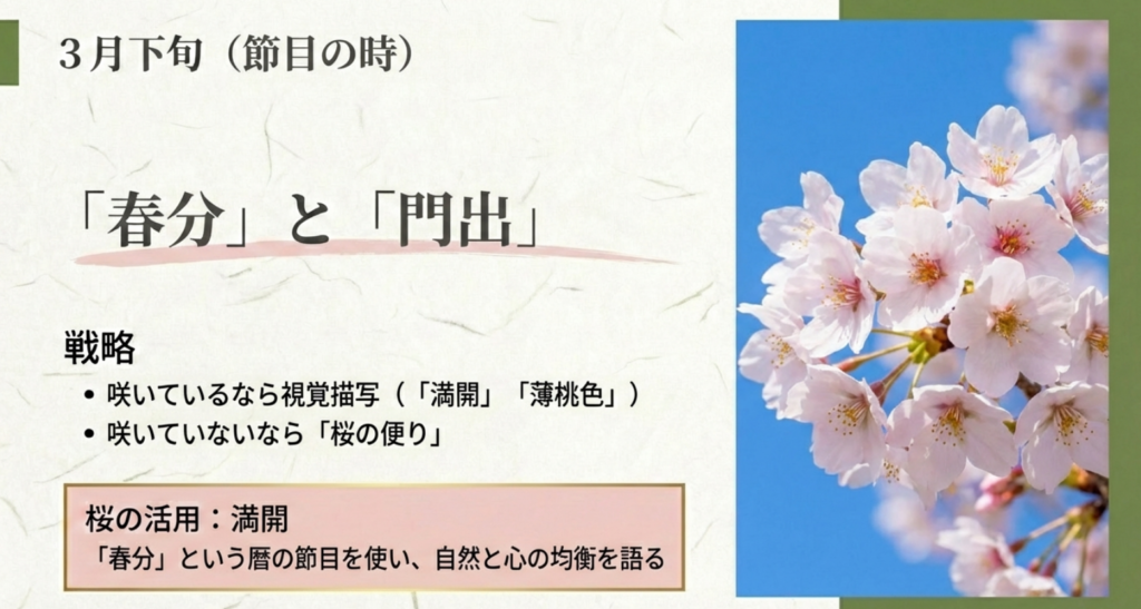 咲いていれば満開や薄桃色の視覚描写、咲いていなければ桜の便りで調整。春分という暦の節目で門出を語る方針をまとめたスライド。
