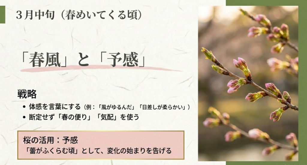 体感（風がゆるむ・日差しが柔らかい）を言葉にし、断定せず「春の便り」「気配」を使う。桜は蕾がふくらむ“予感”で置く方針のスライド。