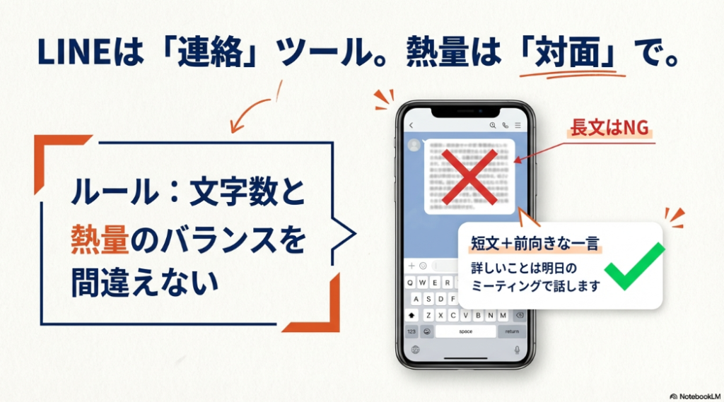 スマートフォンのLINE画面で長文はNGとし、短文と前向きな一言を推奨するテキストコミュニケーションの解説図