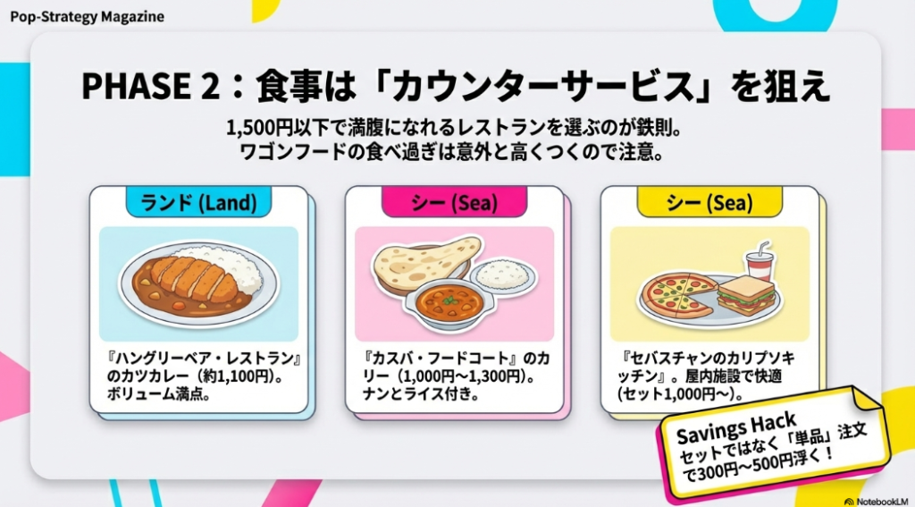 PHASE2：食事はカウンターサービス狙い（1500円以下）