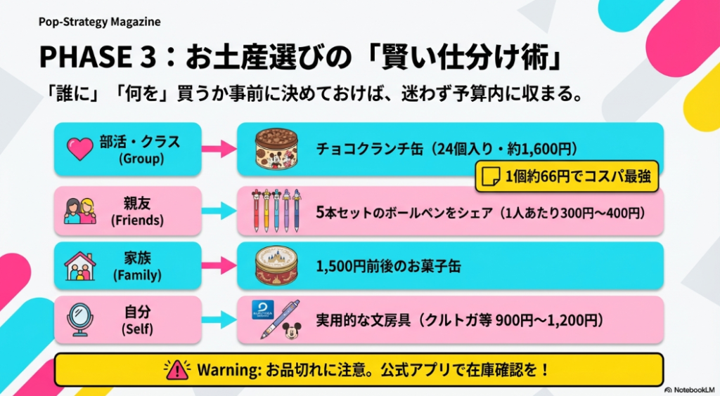部活はチョコクランチ24個入り約1,600円、友達はペンセット分け、家族は1,500円前後缶、自分は文房具900〜1,200円の例