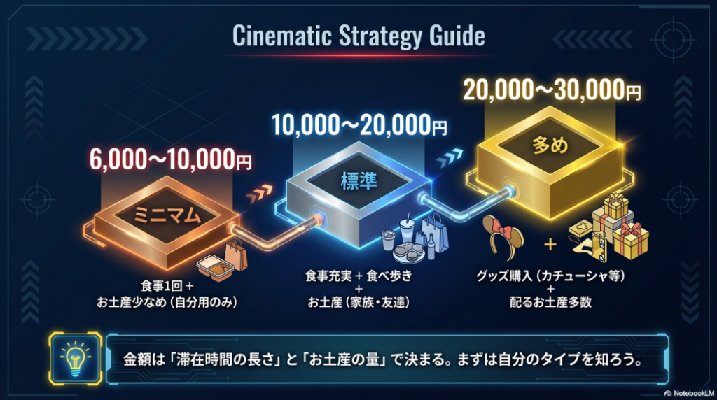 滞在時間とお土産の量で決まるUSJ予算の3つの目安（ミニマム、標準、多め）を示したスライド