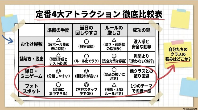 お化け屋敷、謎解き、縁日、フォトスポットを準備の手間や当日の回しやすさで比較したスライド