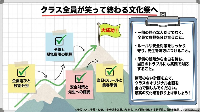 企画選び、役割分担、予算、安全確認、当日の集客準備までの流れをまとめたスライド