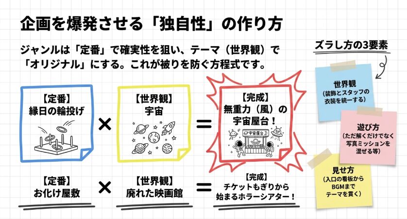 定番ジャンルに世界観や遊び方を掛け合わせて、文化祭企画を差別化する方法を示したスライド