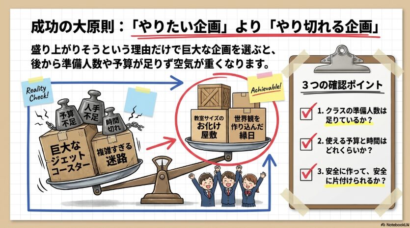 文化祭の出し物選びで、予算・人手・時間・安全面を確認する重要性を示したスライド