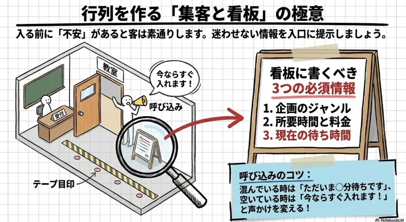 文化祭の入口看板に、ジャンル、所要時間、料金、待ち時間を書く重要性を示したスライド