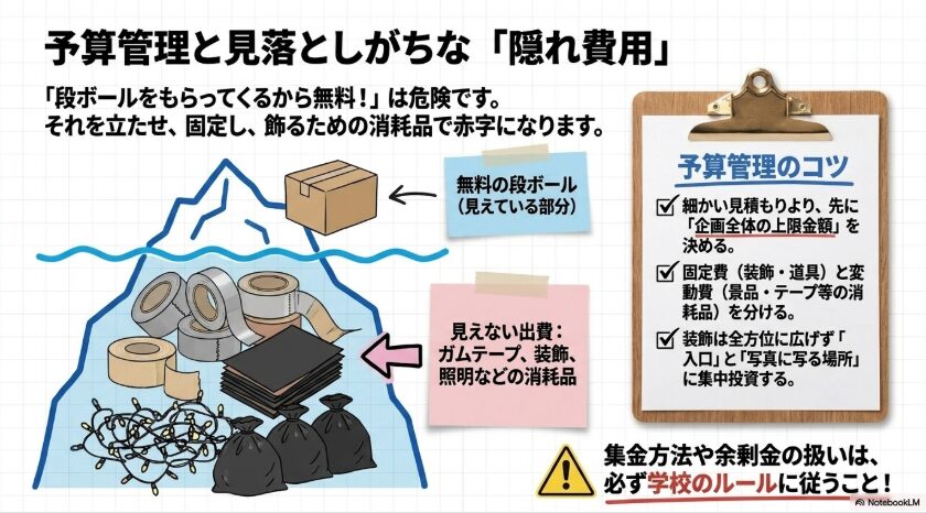 段ボール以外にテープや装飾、照明などの消耗品費がかかることを説明したスライド