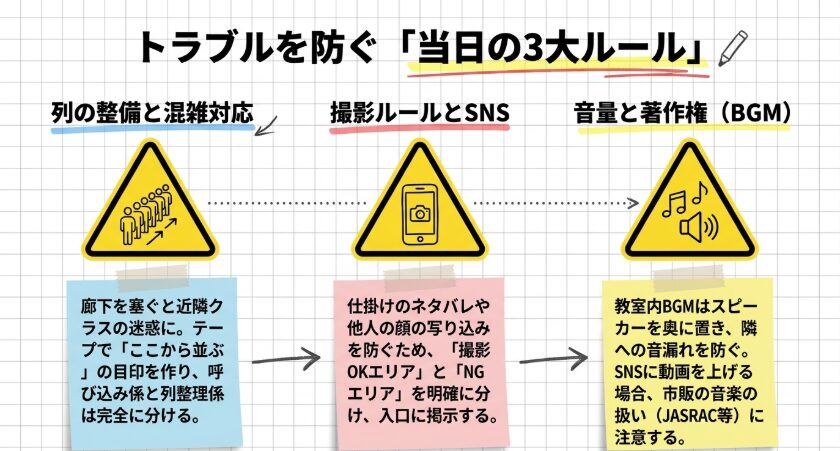 列整理、撮影ルール、BGMの音量や著作権など、文化祭当日に注意したい3つのルールを示したスライド