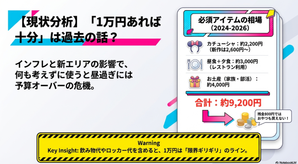 カチューシャ・食事・お土産の必須コスト合計約9,200円を示し、1万円は限界に近いと解説する図