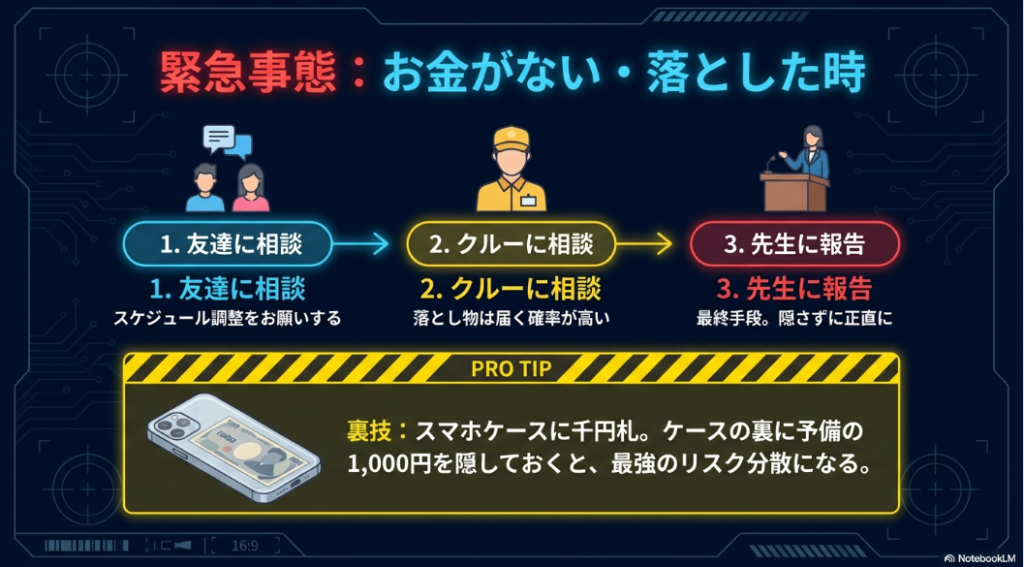 スマホケースの裏に予備の千円札を隠しておく裏技と、友達・クルー・先生への相談手順を示したスライド