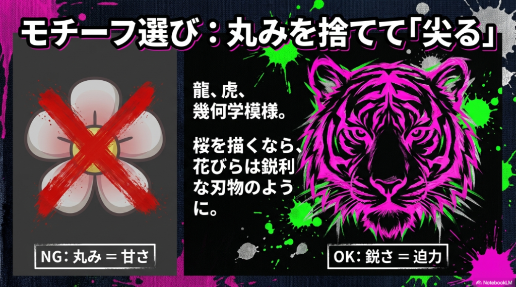 龍や虎など丸みを捨てた鋭いモチーフ選び