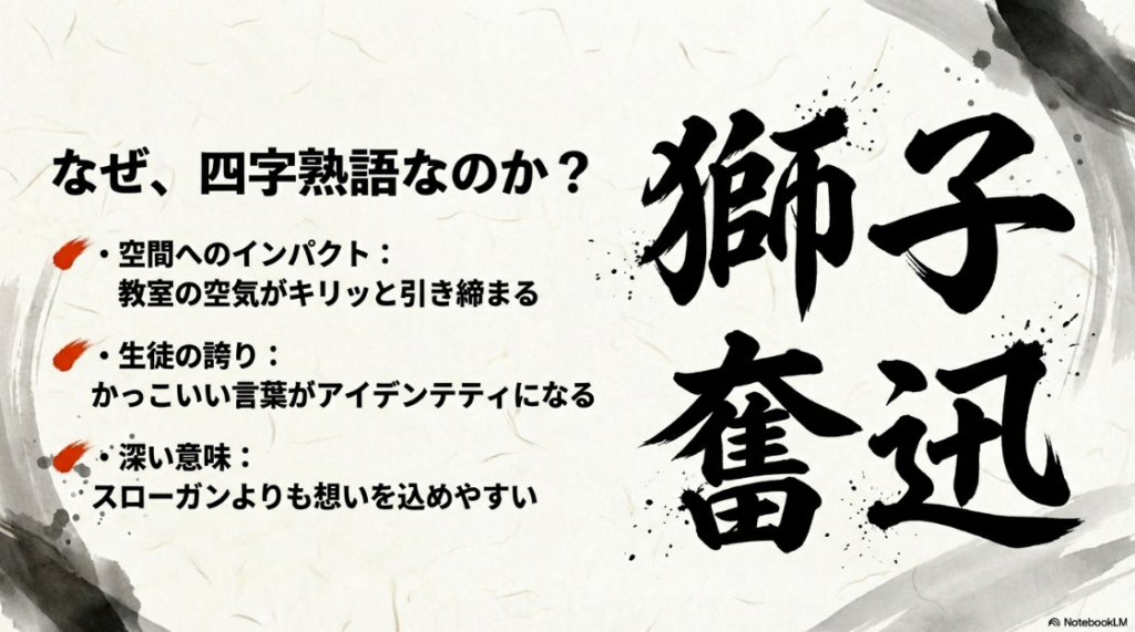 空間へのインパクト、生徒の誇り、深い意味を込めやすいといった四字熟語のメリットを解説するスライド。